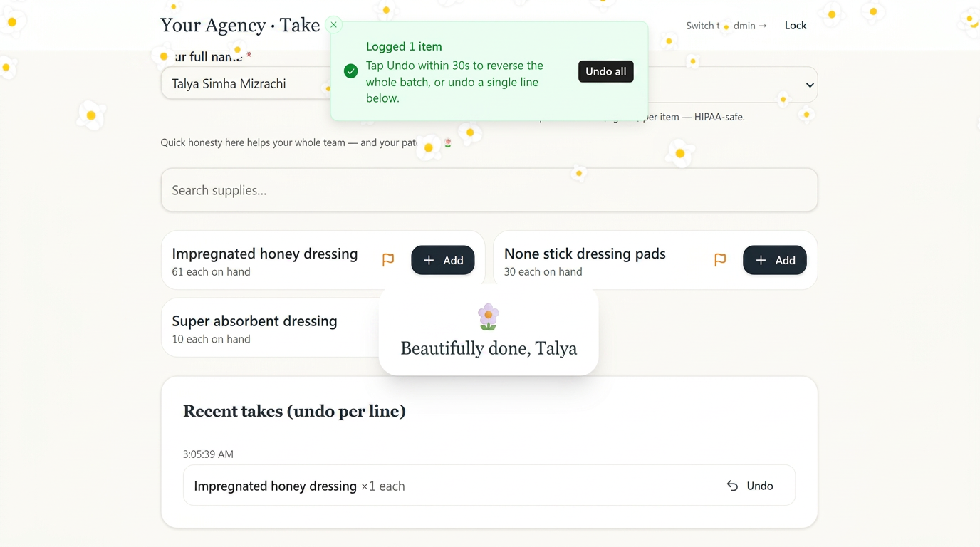 Care Closet Take screen with a falling daisy shower and a 'Beautifully done, Talya' thank-you message after a successful supply log